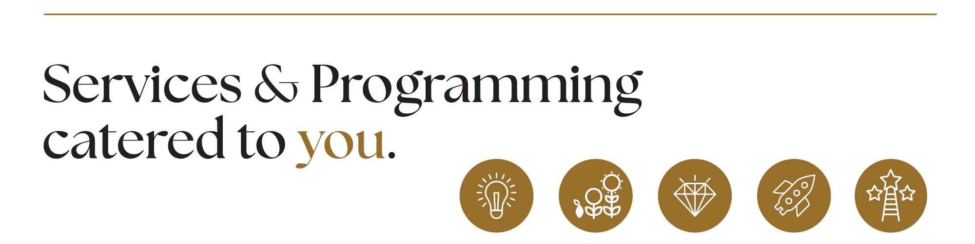 A graphic image with the words "Services and programming catered to you" and five circular graphic icons from left to right: lightbulb, flowers, diamond, rocketship, ladder and stars.