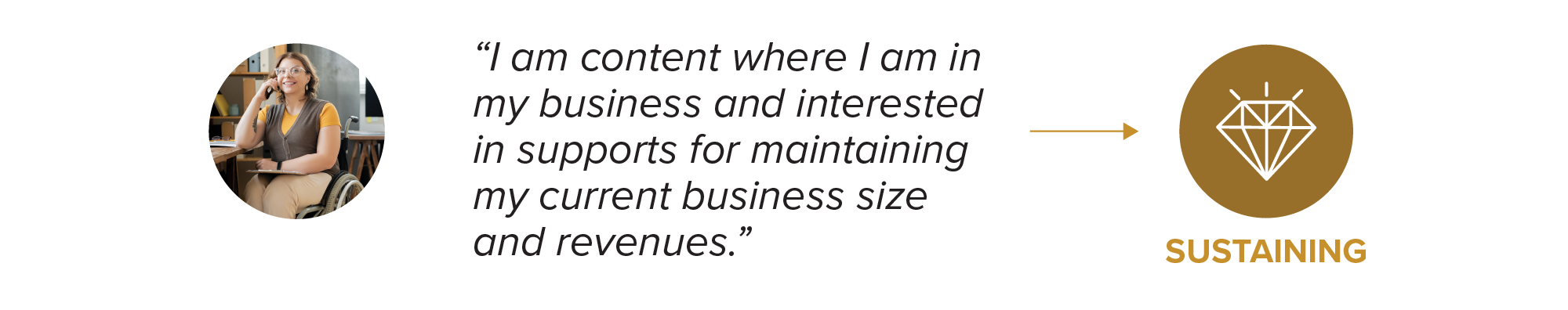 image of a woman in a wheelchair on the phone with a quote beside her that says "I am content where I am in my business and interested in supports for maintaining my current business size and revenues" with a small arrow to a small graphic icon with the title "sustaining". the icon is a graphic image of a diamond.